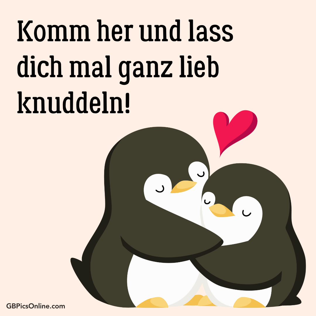 Zwei Pinguine umarmen sich liebevoll neben einem roten Herz