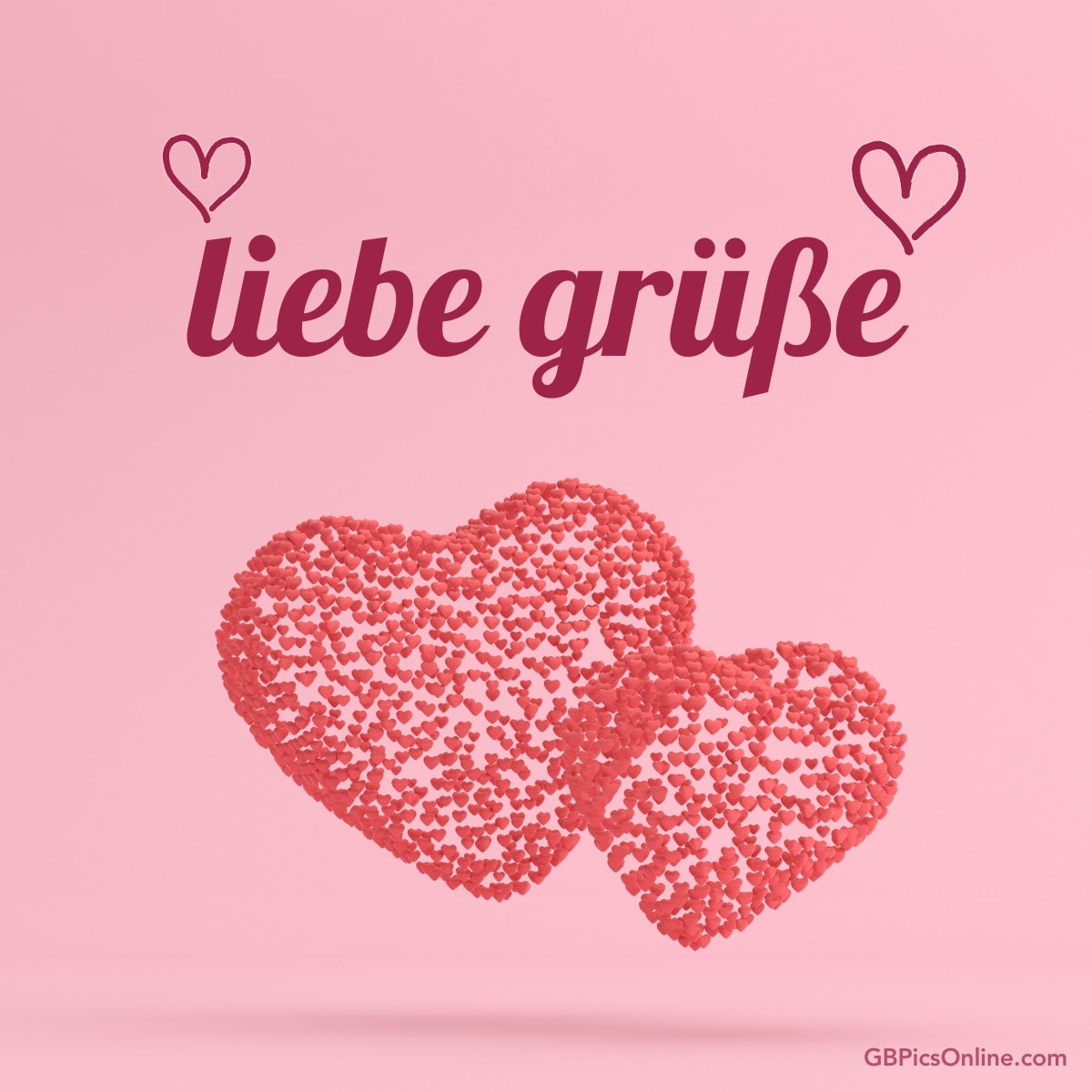 Zwei rosa Herzen auf pinkem Hintergrund mit „liebe grüße“ Text und Herzsymbol darüber