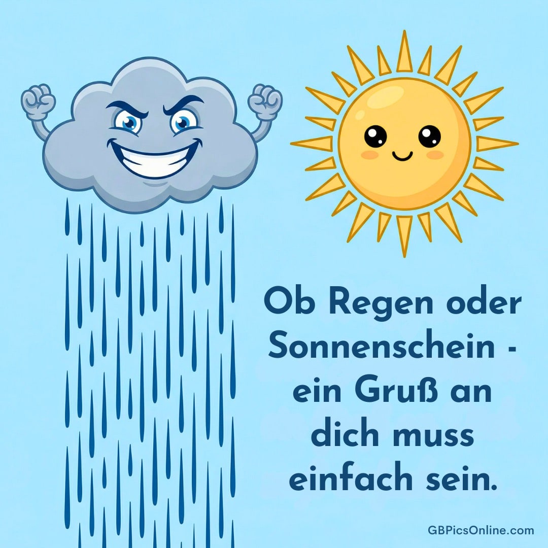 Grinsende Regenwolke und lächelnde Sonne; dazu der Spruch: „Ob Regen oder Sonnenschein - ein Gruß an dich.“