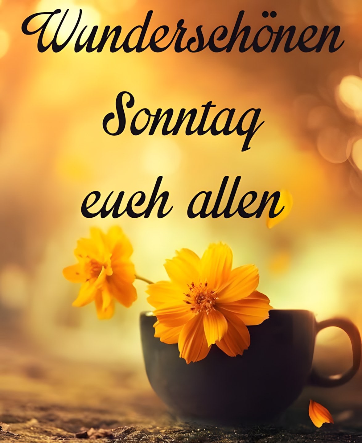 Eine Tasse umgeben von leuchtenden gelben Blumen mit Wünschen für einen wunderschönen Sonntag