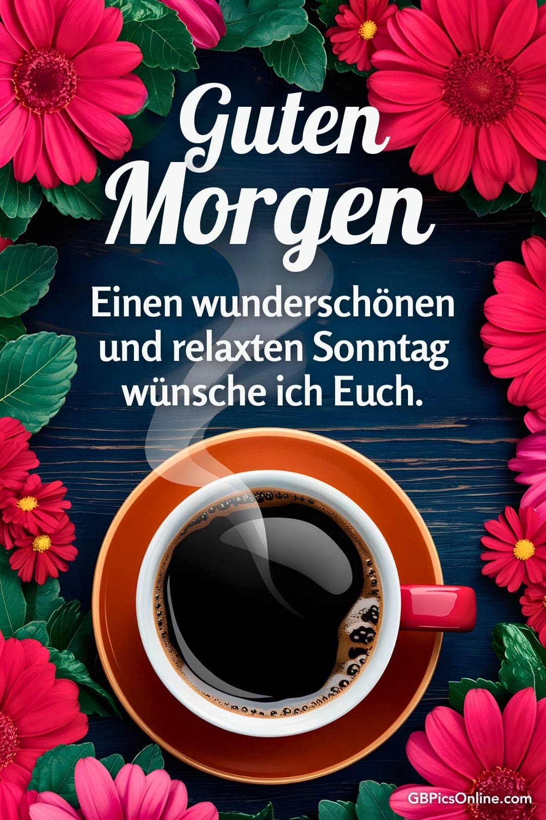 Rote Blumen und eine Kaffeetasse auf dunklem Hintergrund mit Wünschen für einen entspannten Sonntag