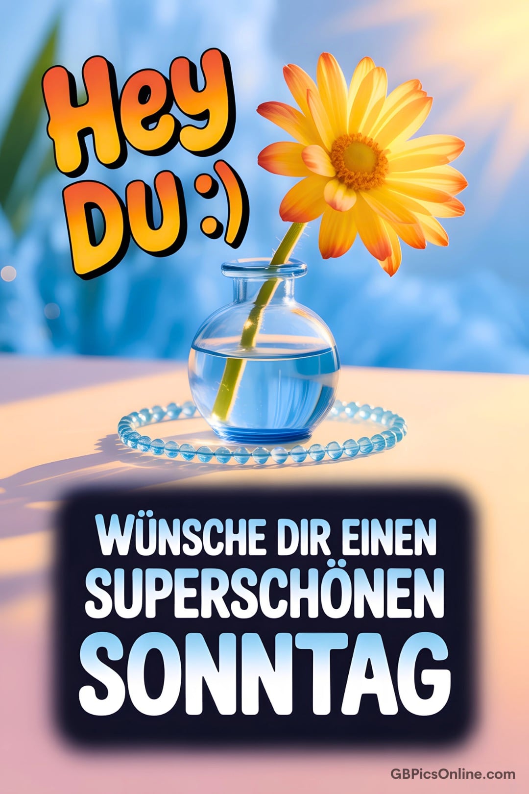 Gelbe Blume in Vase und Text „Hey Du! Superschönen Sonntag“