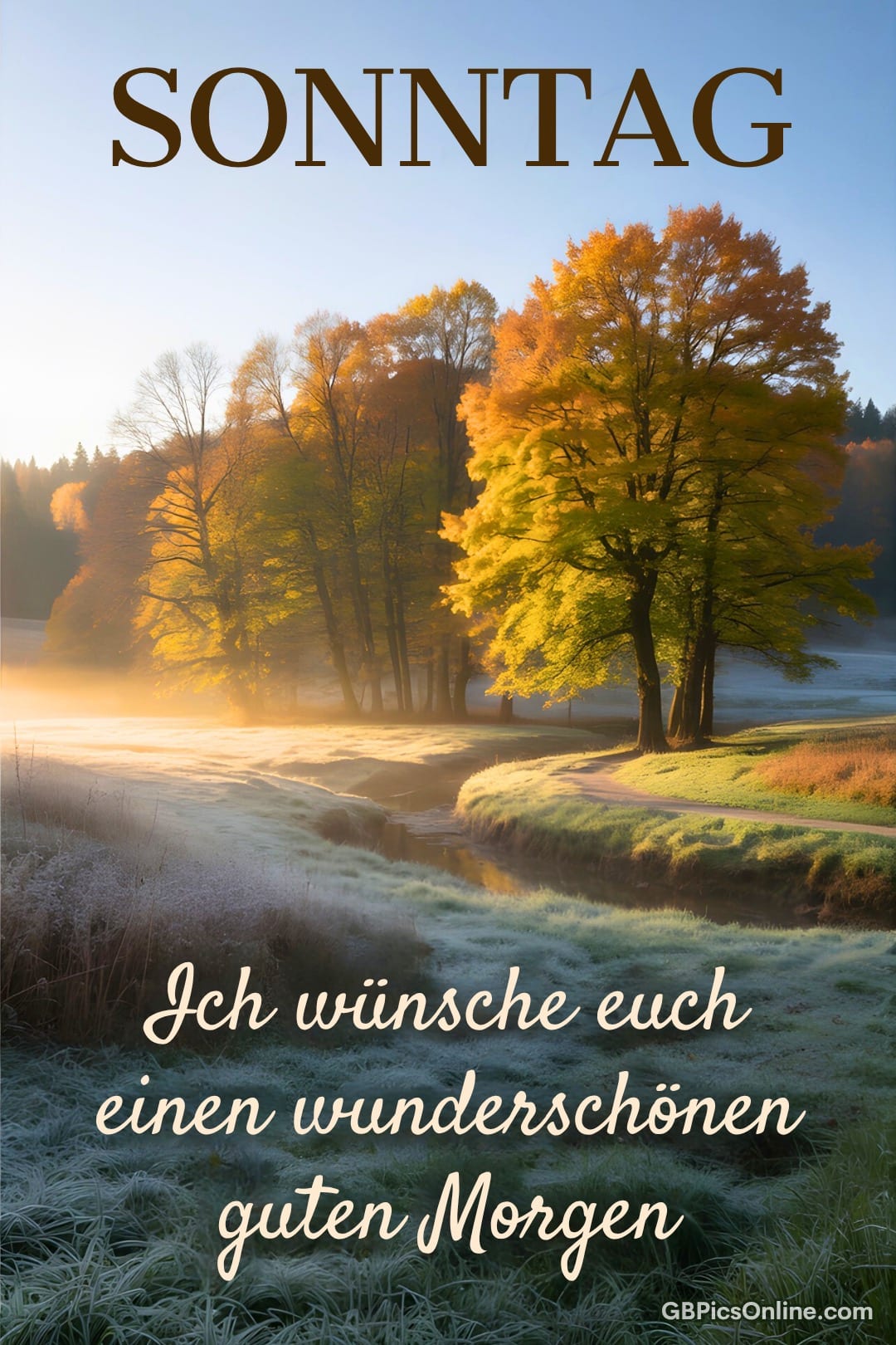 Herbstliche Baumlandschaft im Nebel bei Sonnenaufgang mit der Aufschrift „Sonntag“