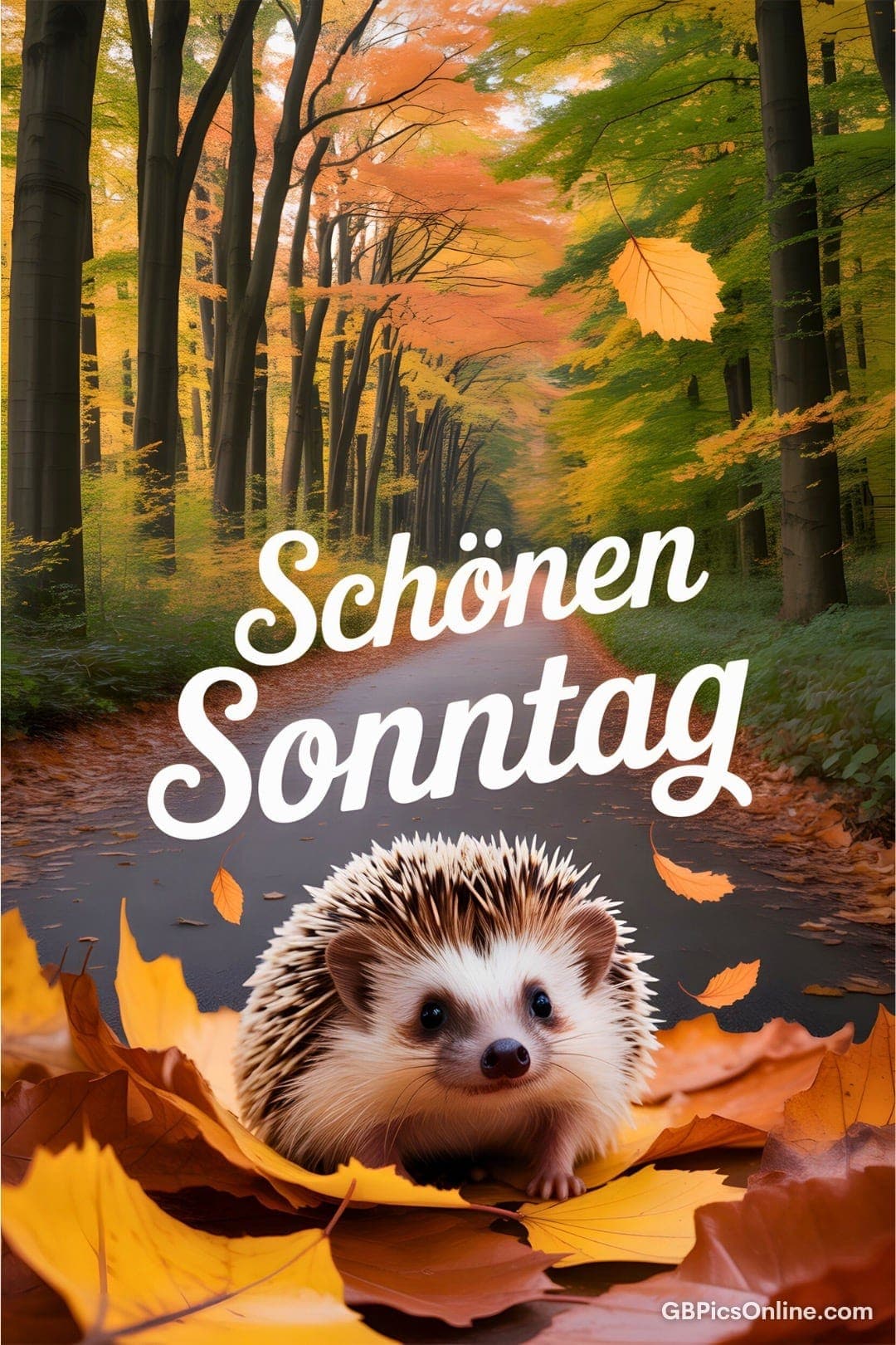 Ein Igel in Herbstlaub, umgeben von Bäumen, mit der Aufschrift „Schönen Sonntag“