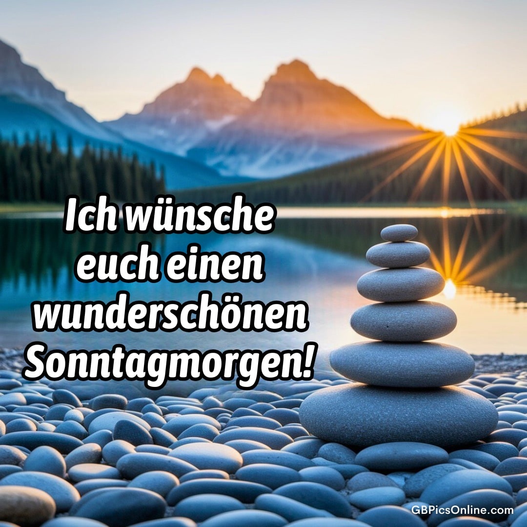 Steinhügel am Seeufer bei Sonnenaufgang hinter Bergen