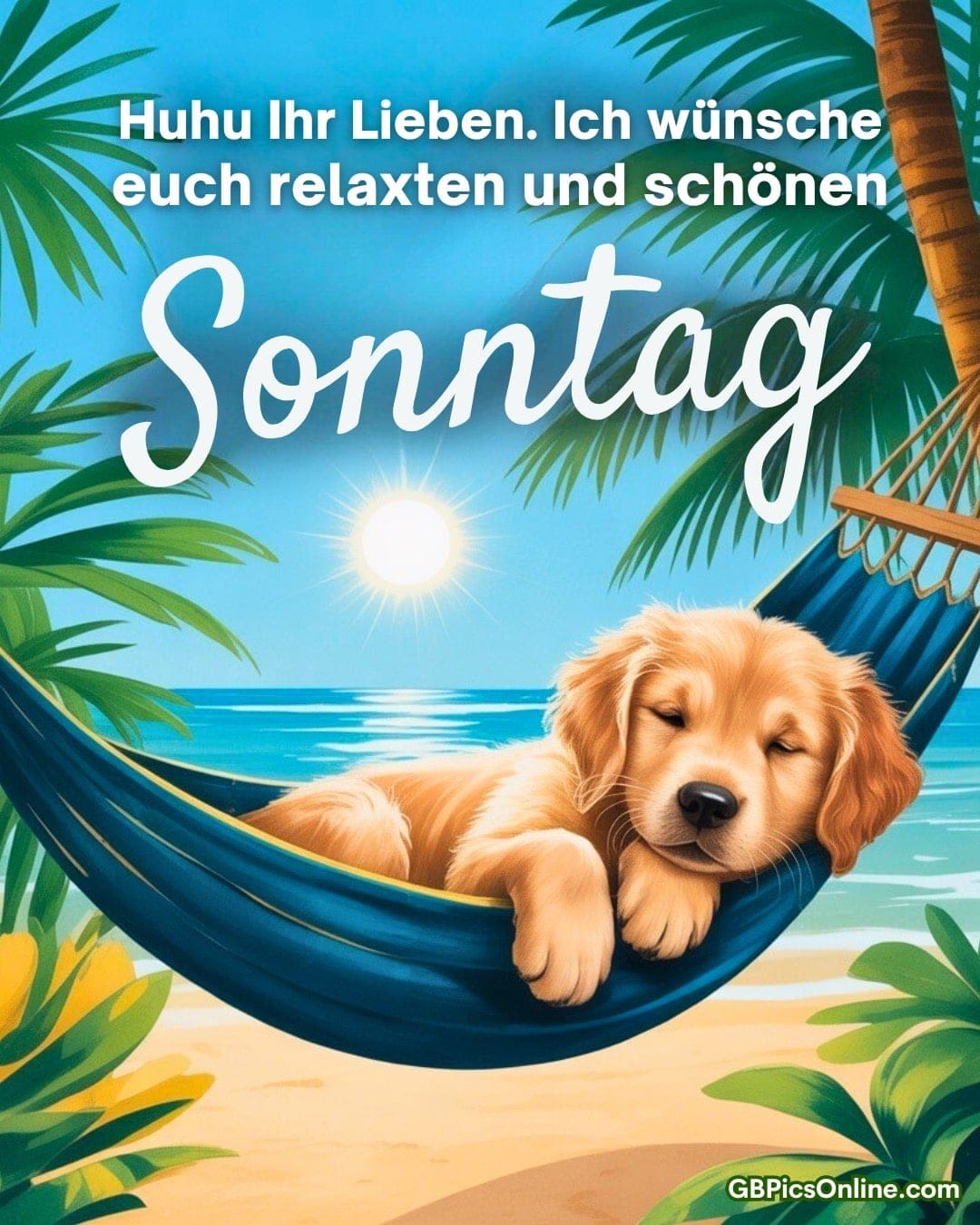 Ein süßer Welpe schläft in einer Hängematte unter Palmen am sonnigen Strand