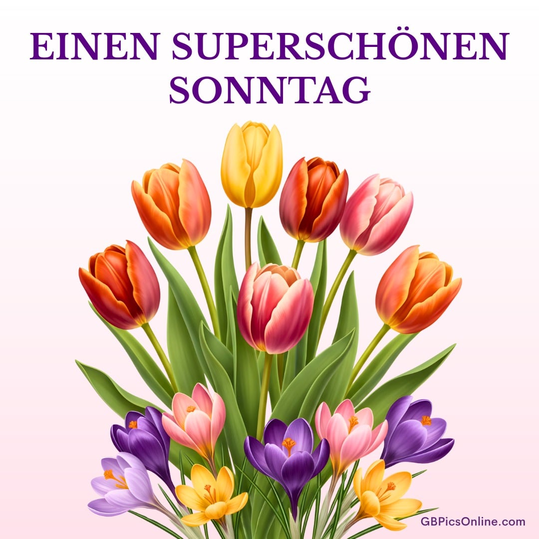 Bunter Tulpen- und Krokusstrauß mit Text: „Einen superschönen Sonntag“ vor hellem Hintergrund