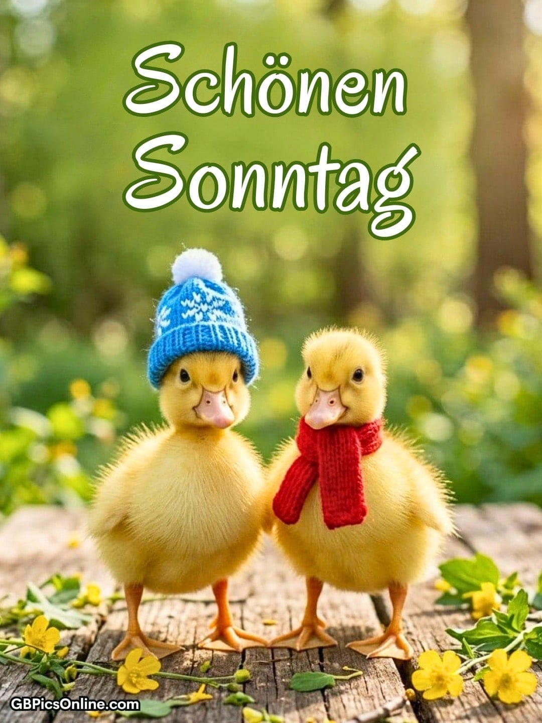 Zwei gelbe Entenküken auf Holz, eines mit blauer Mütze, eines mit rotem Schal, im grünen Garten