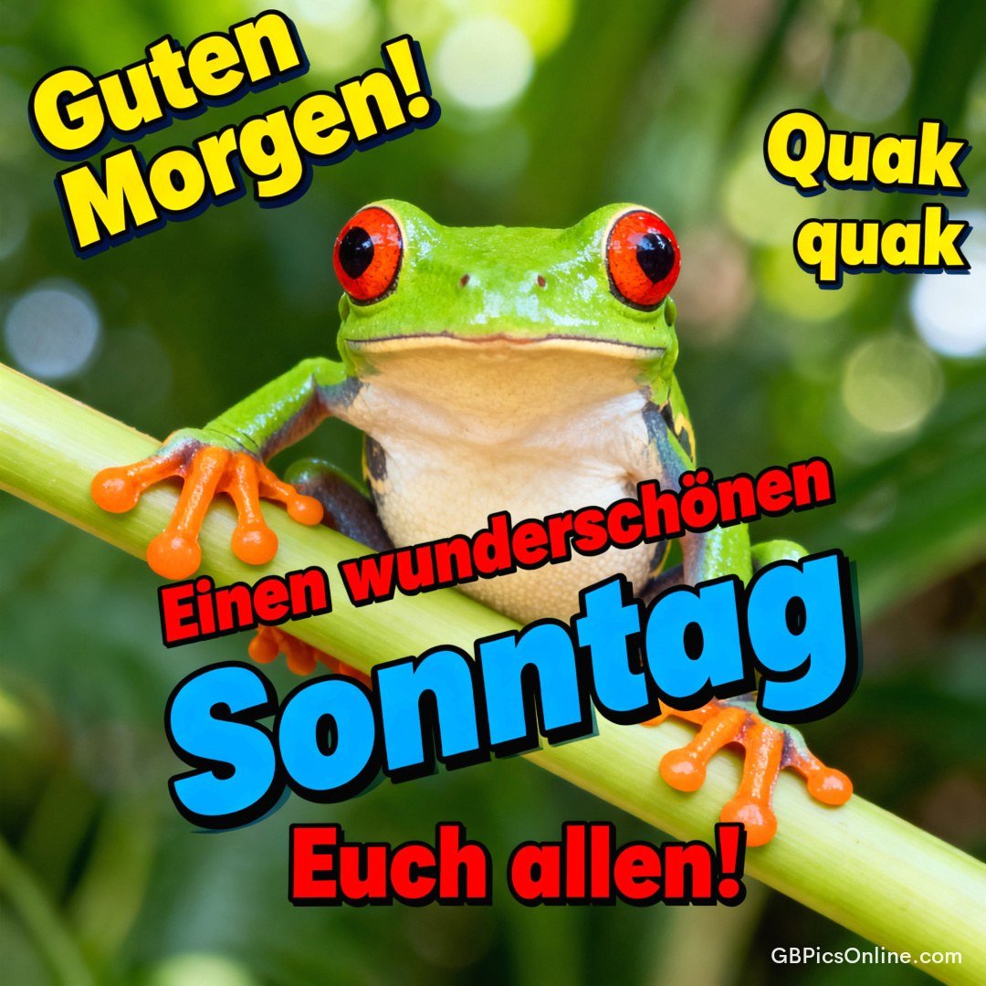 Grüner Frosch mit roten Augen sitzt auf einem Zweig, dazu ein Sonntagsgruß