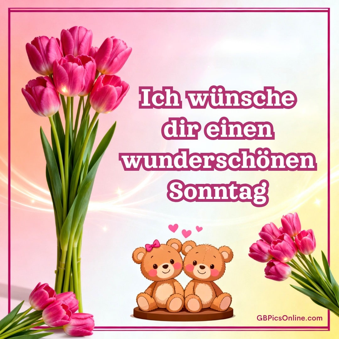 Rosa Tulpen, zwei kuschelnde Teddybären mit Herzchen und der Gruß „wunderschönen Sonntag“