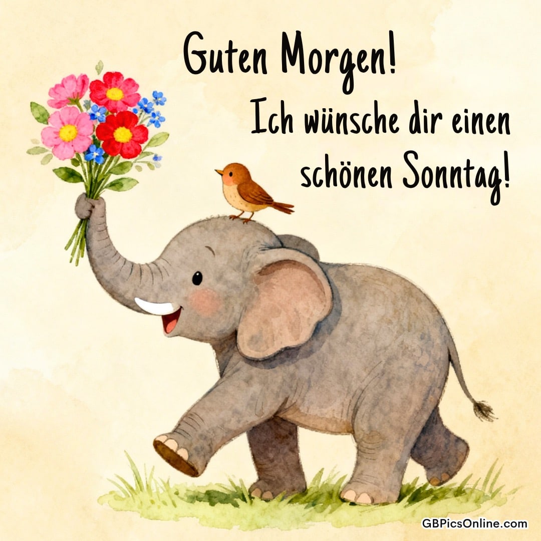 Zeichnung eines Elefanten mit Blumenstrauß im Rüssel und Vogel auf dem Kopf, dazu ein Morgengruß
