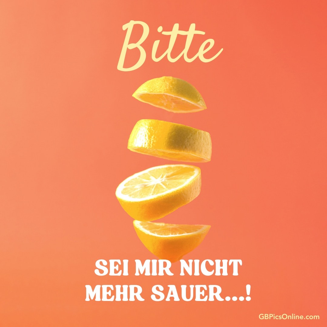 Zitronenscheiben schweben auf orangem Hintergrund mit Text „Bitte sei mir nicht mehr sauer...“