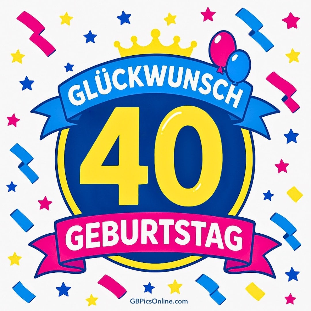 Farbenfrohe Grafik zum 40. Geburtstag mit Sternen, Krone und Luftballons