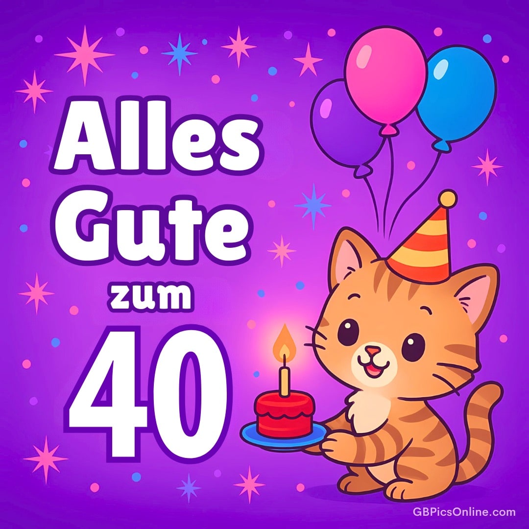 Eine niedliche Katze mit Geburtstagshut hält eine Torte. „Alles Gute zum 40“ steht darüber