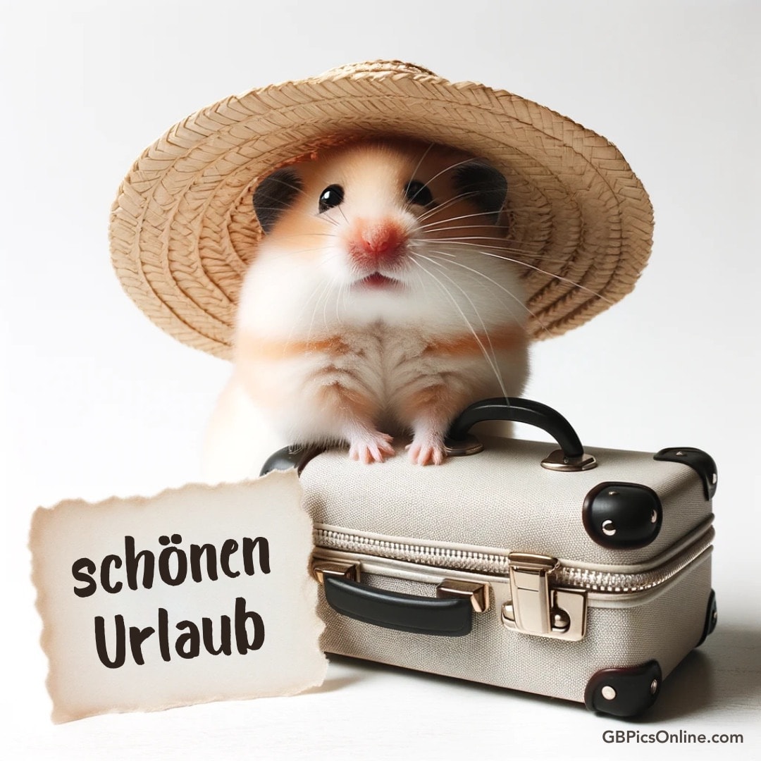 Hamster mit Hut auf Koffer, Text: „schönen Urlaub“