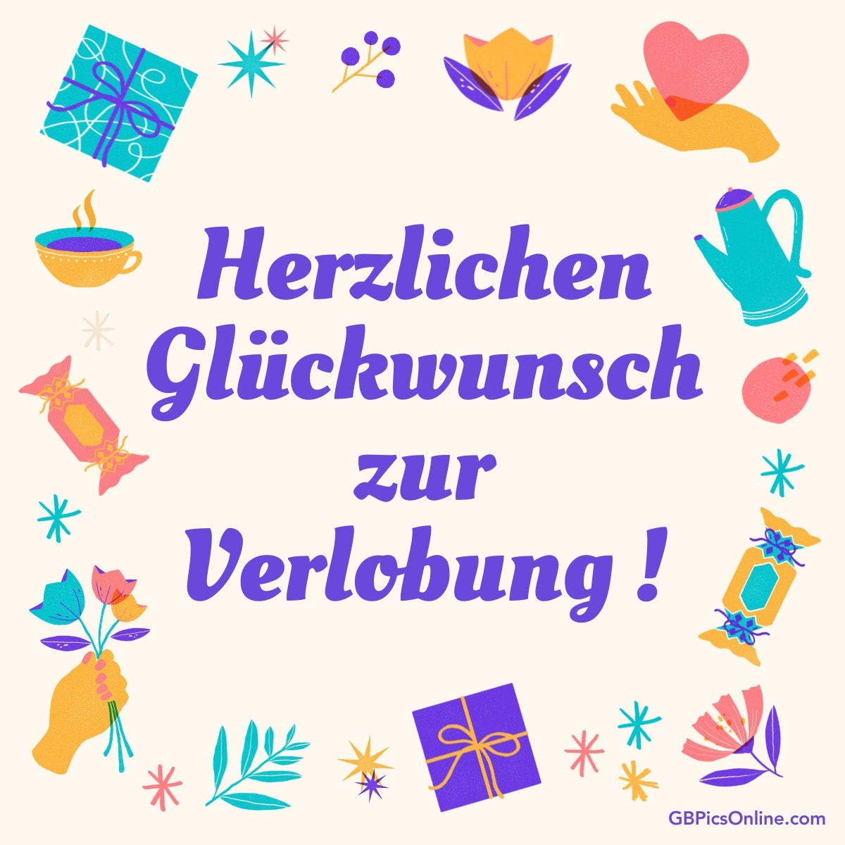 Bunte Illustration mit Geschenken und Blumen, Text „Herzlichen Glückwunsch zur Verlobung“