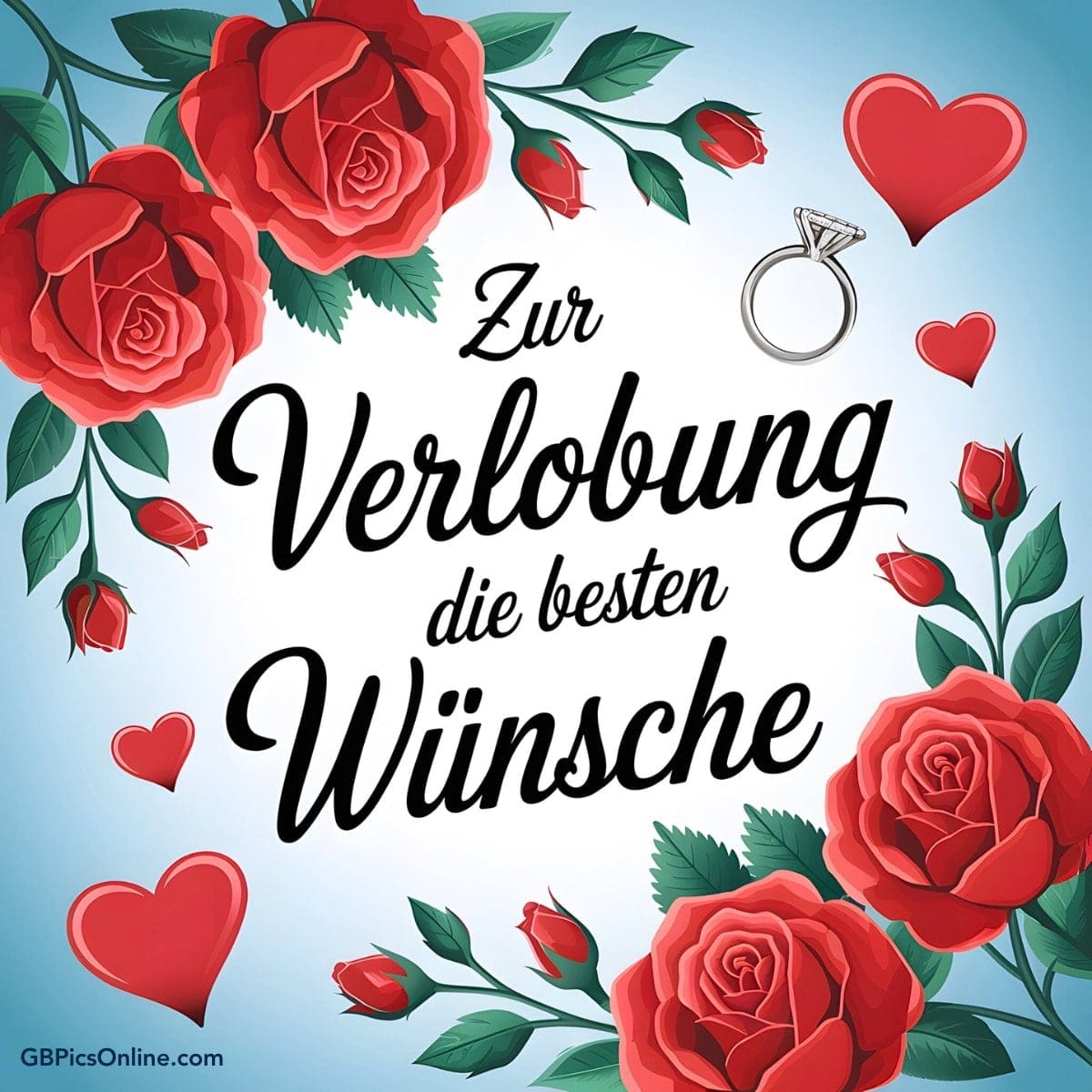 Glückwunschkarte zur Verlobung mit Rosen, Herzen und einem Ring