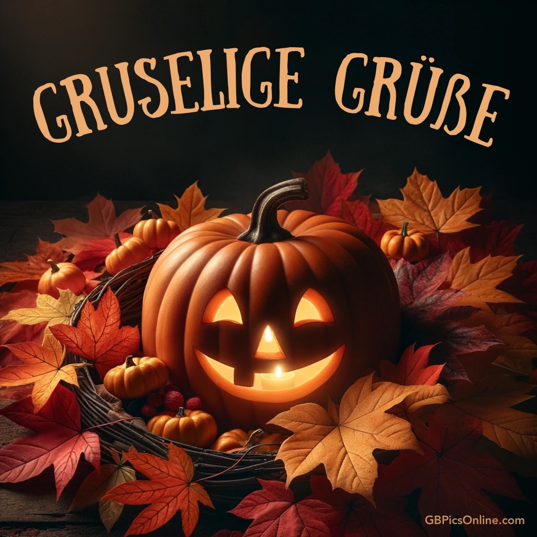 Leuchtende Kürbislaterne mit Herbstlaub und „Gruselige Grüsse“ Schriftzug