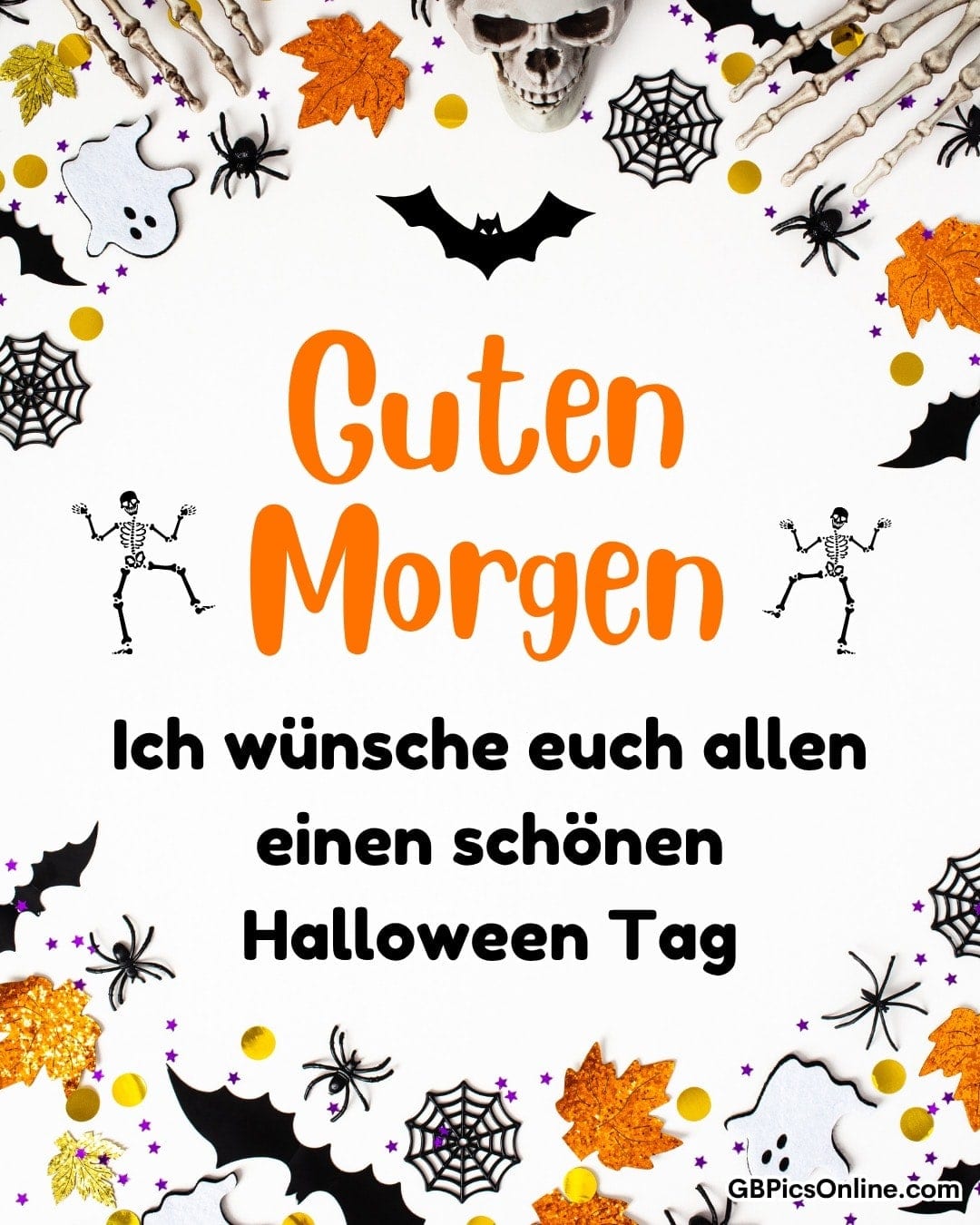 Bunte Halloween-Dekoration mit Skeletten, Spinnen, Blättern, Totenkopf und Fledermäusen um einen Morgengruß