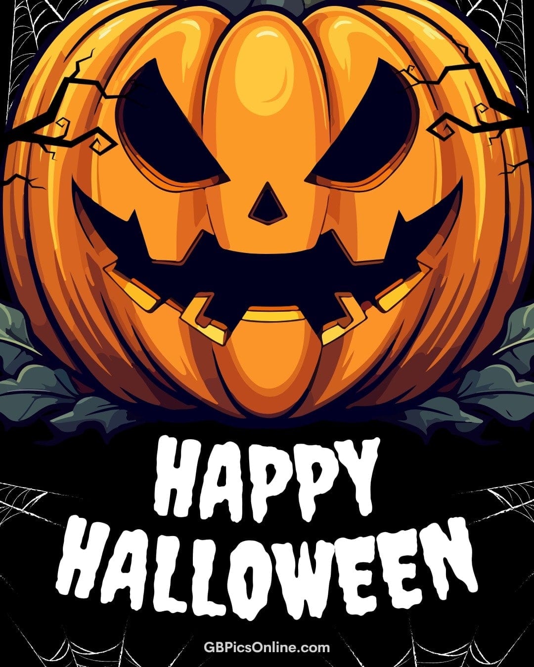 Ein grusliger Kürbis mit bösem Gesichtsausdruck und Spinnweben im Hintergrund, darunter steht „Happy Halloween“
