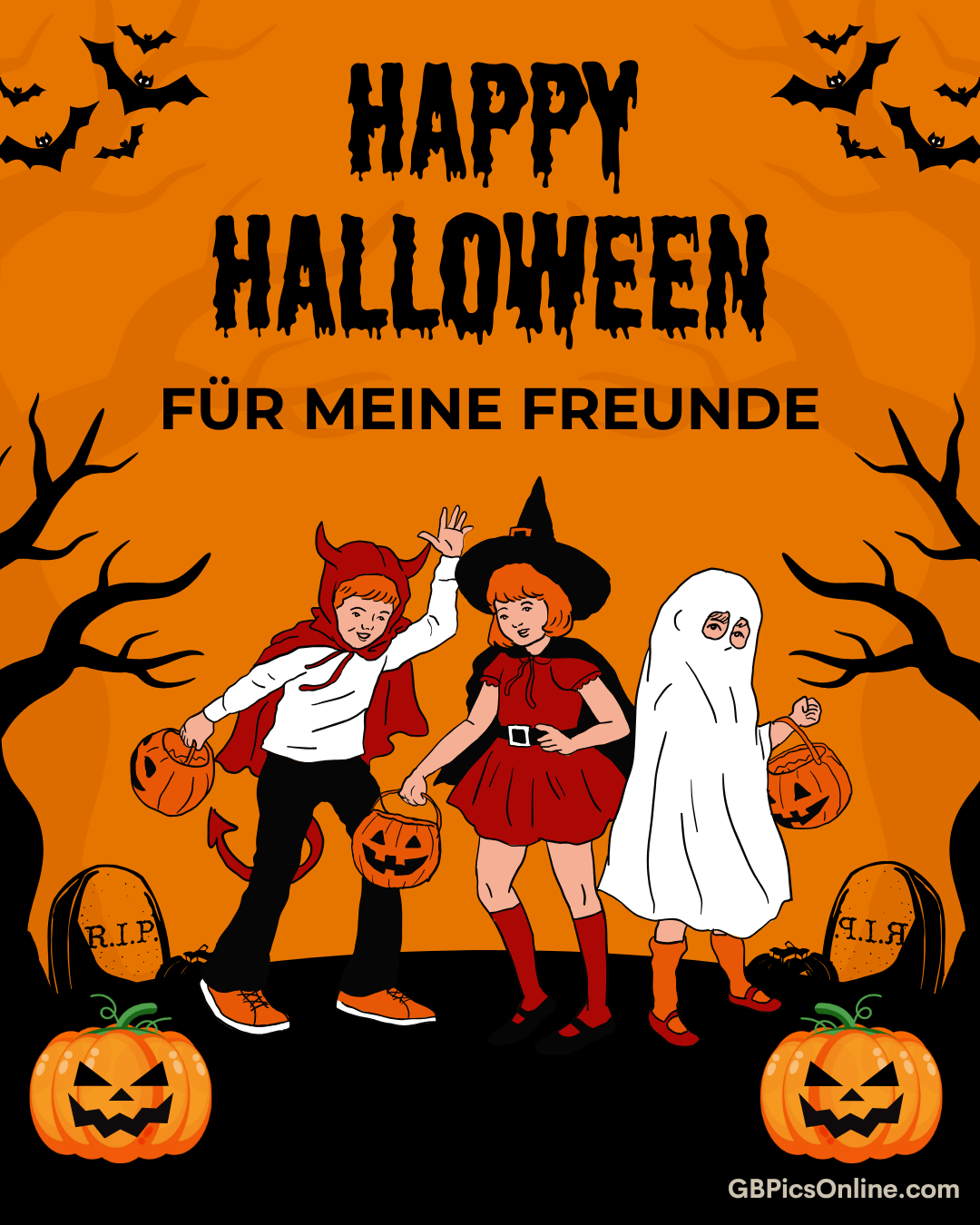 Drei Kinder in Halloween-Kostümen stehen mit Kürbissen vor Grabsteinen, umgeben von Fledermäusen und Bäumen