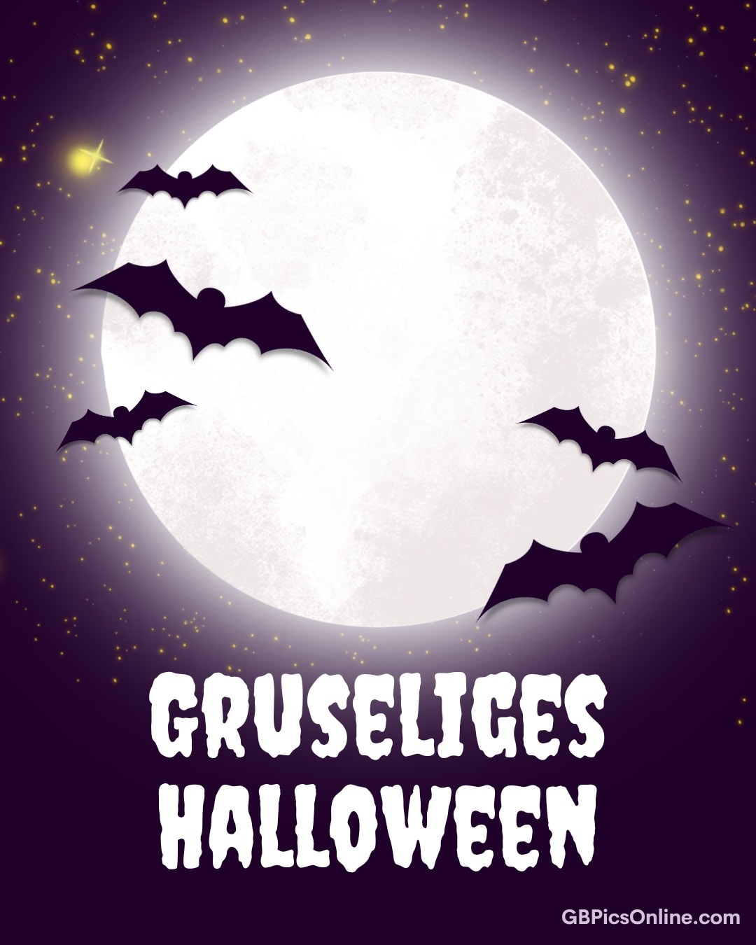 Vollmond am Nachthimmel, fliegende Fledermäuse und leuchtende Sterne, darunter der Schriftzug „Gruseliges Halloween“