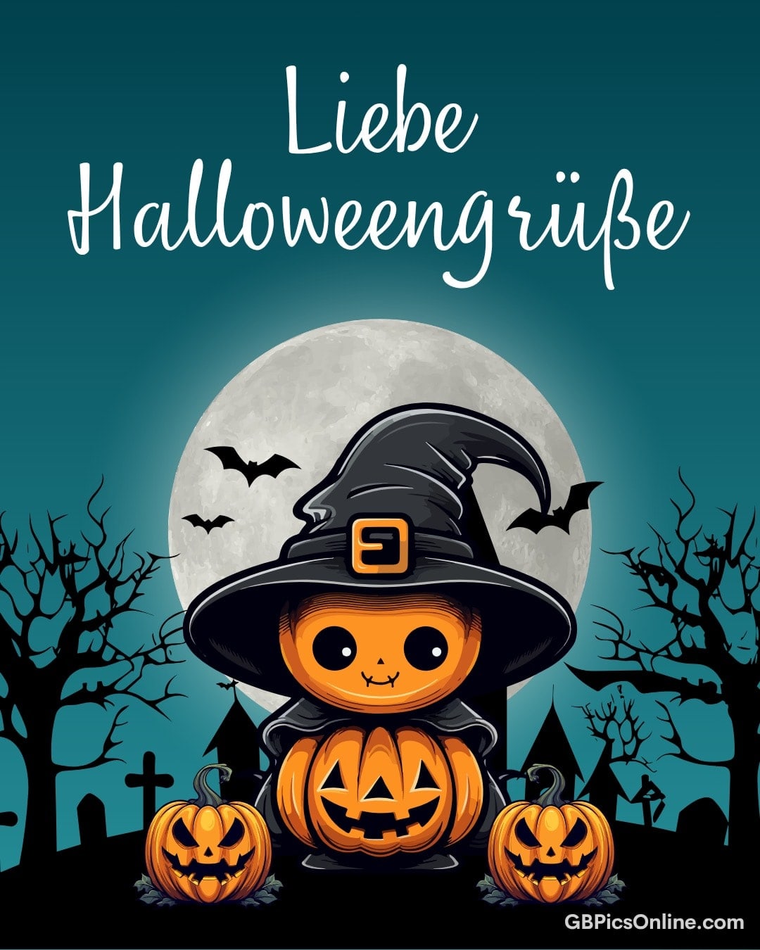 Niedlicher Kürbis mit Hexenhut vor Vollmond, Fledermäusen und Grabsteinen, dazu steht „Liebe Halloweengrüße“