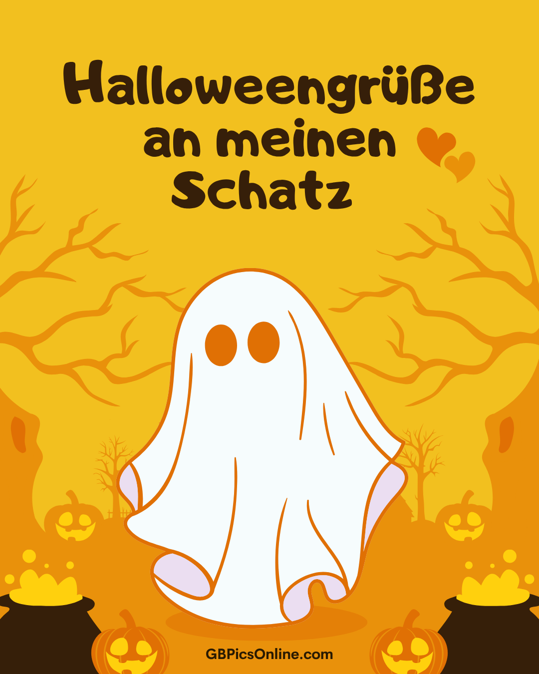 Ein Geist mit Kürbissen, Kesseln und Bäumen im Hintergrund, dazu steht: „Halloweengrüße an meinen Schatz“
