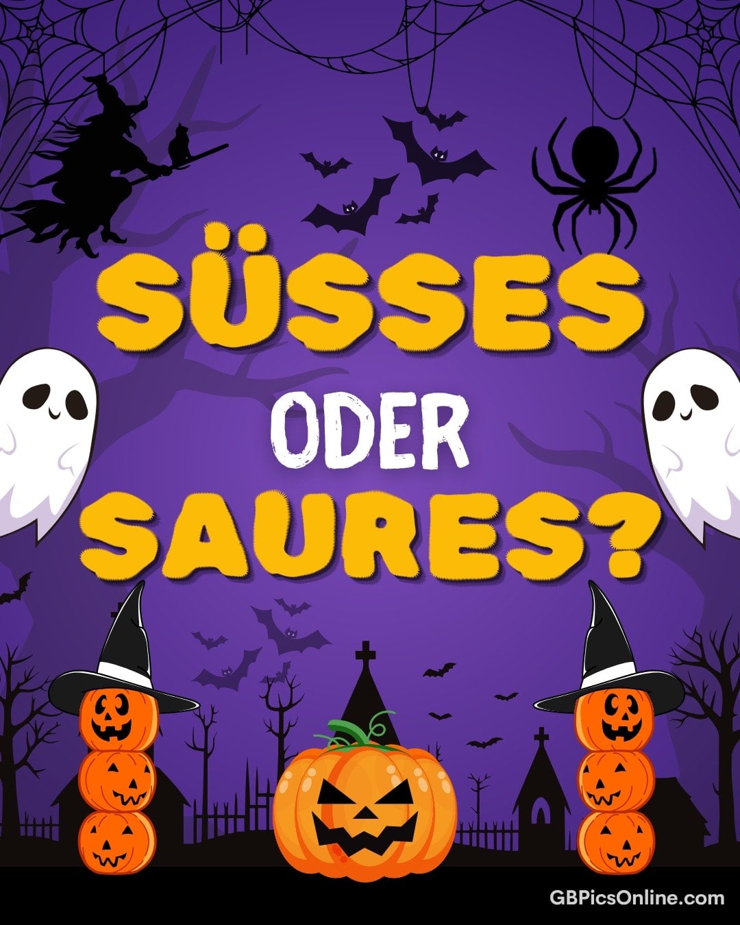 Lila Hintergrund mit Kürbissen, Geistern, Hexe, Spinne, Fledermäusen und der Aufschrift „Süßes oder Saures?“