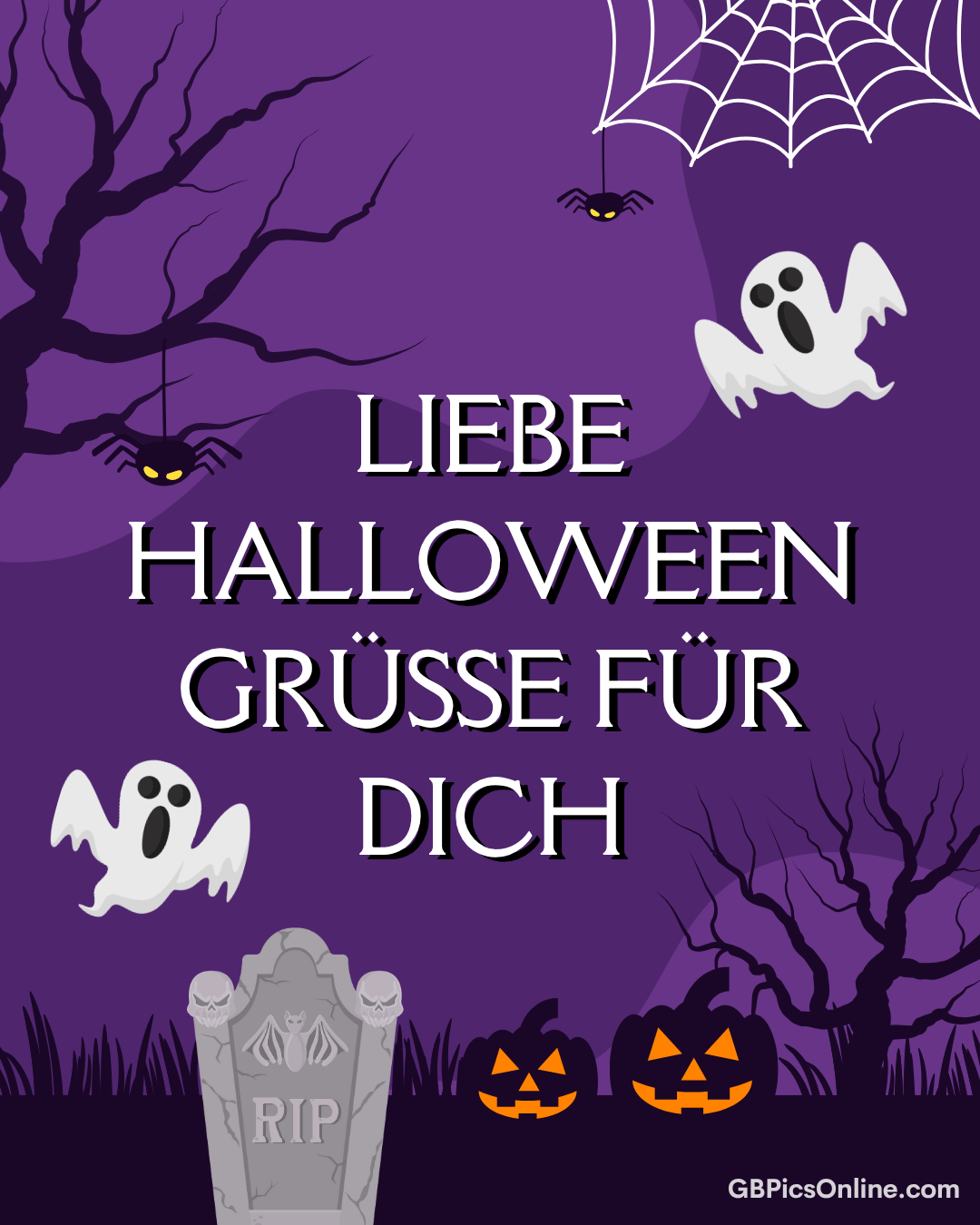 Lila Hintergrund mit Geistern, Spinnen, Kürbissen, Grabstein und der Aufschrift: „Liebe Halloween Grüße für dich“