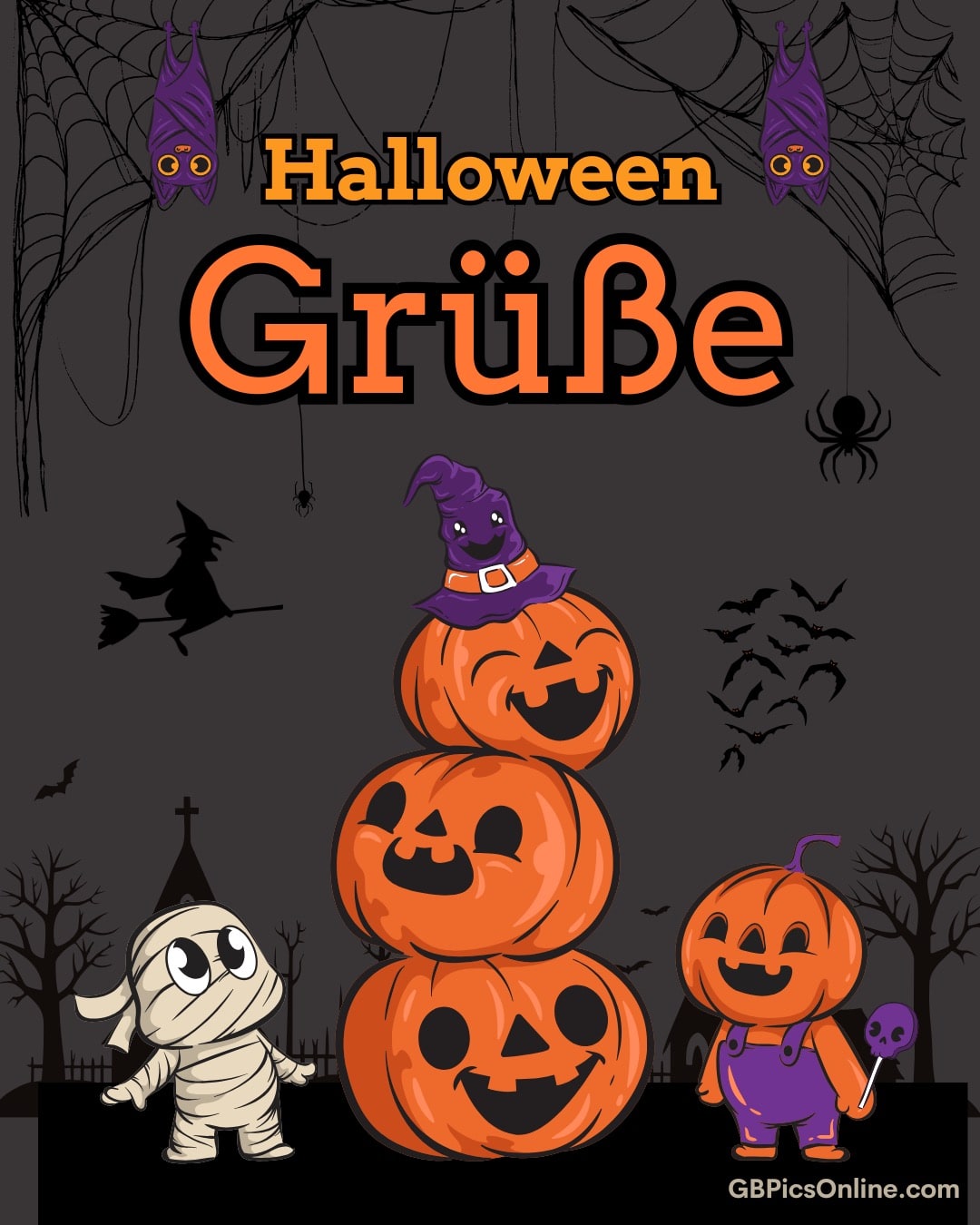 Drei lachende Kürbisse, Fledermäuse, Spinnen, Mumie und Kürbiskind unter Spinnennetzen mit „Halloween Grüße“-Schriftzug