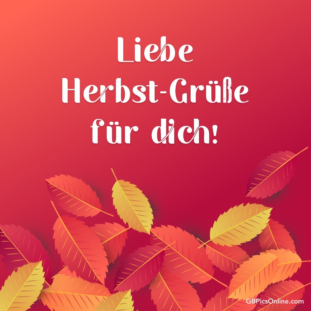 Roter Hintergrund, bunte Herbstblätter, „Liebe Herbst-Grüße für dich!“ Text