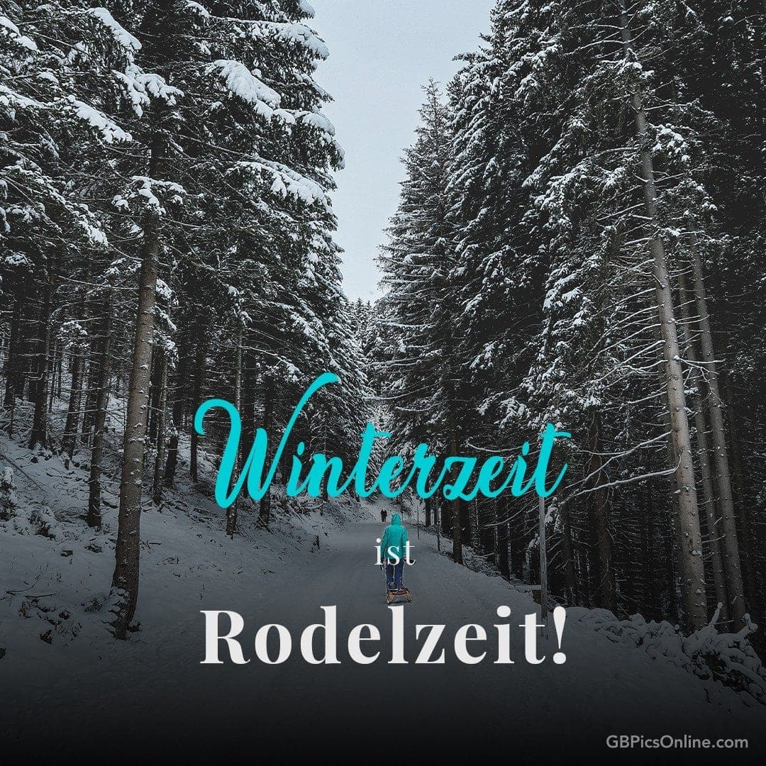 Verschneiter Waldweg mit Schriftzug „Winterzeit ist Rodelzeit!“