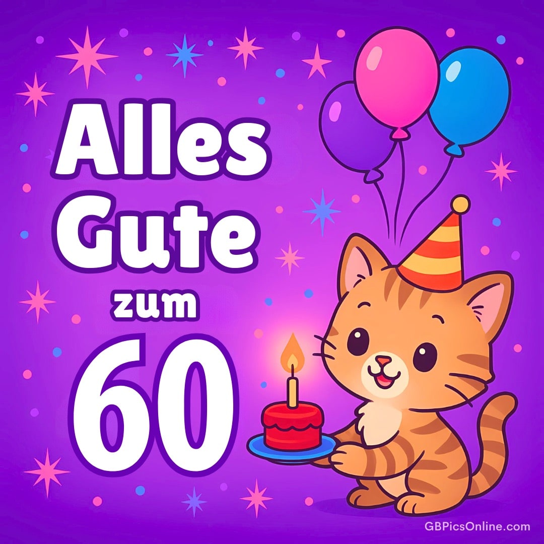 Eine niedliche Katze feiert den 60. Geburtstag mit Torte und Luftballons