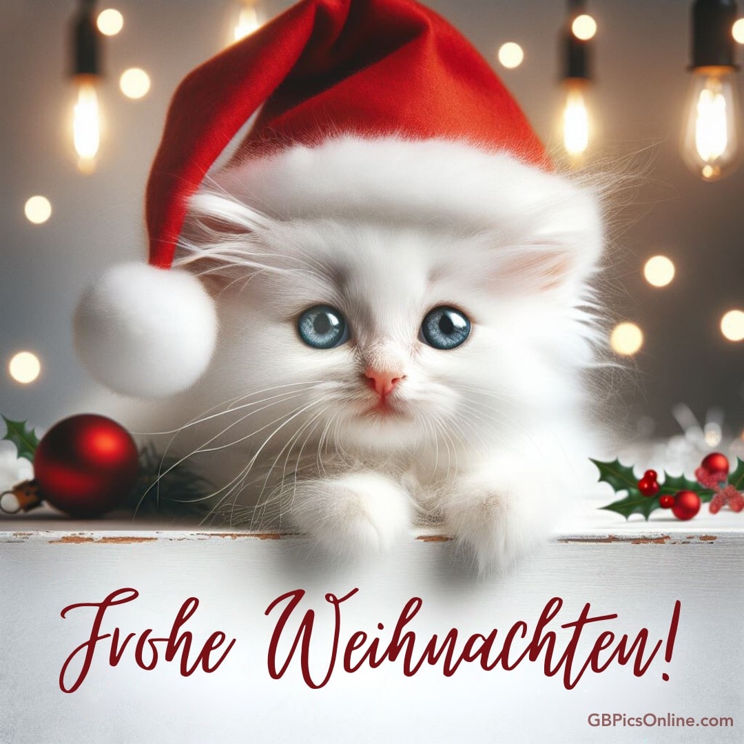 Weiße Kätzchen mit Weihnachtsmütze, Lichtern im Hintergrund. Text: Frohe Weihnachten!