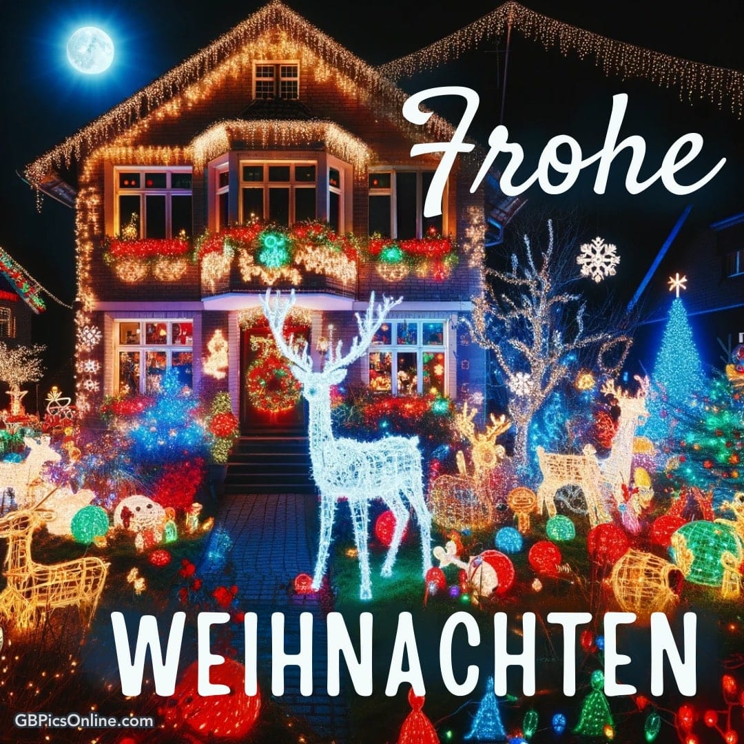 Haus festlich beleuchtet mit „Frohe Weihnachten“ Schriftzug