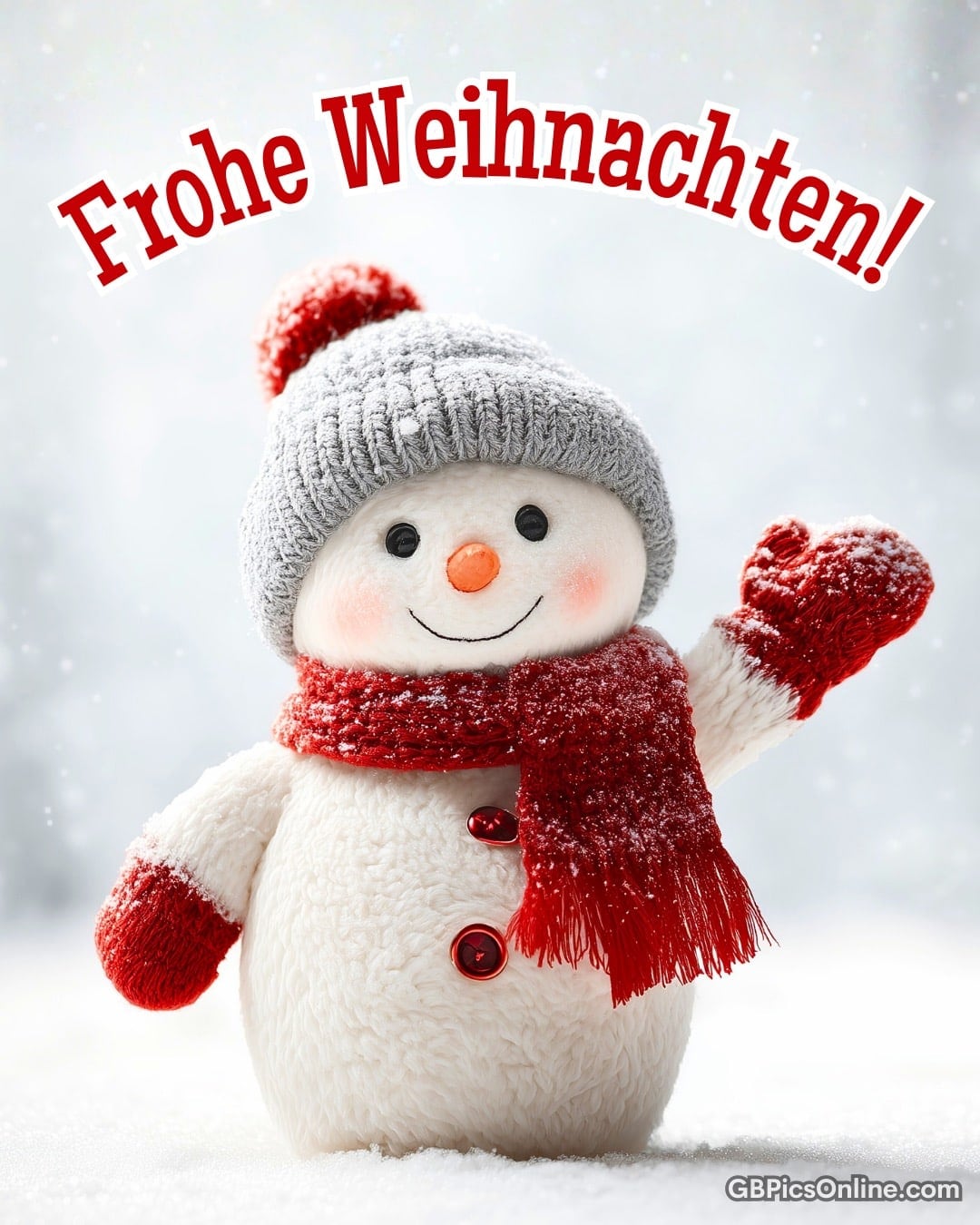 Lächelnder Schneemann mit grauer Mütze und rotem Schal winkt, darüber steht „Frohe Weihnachten!“