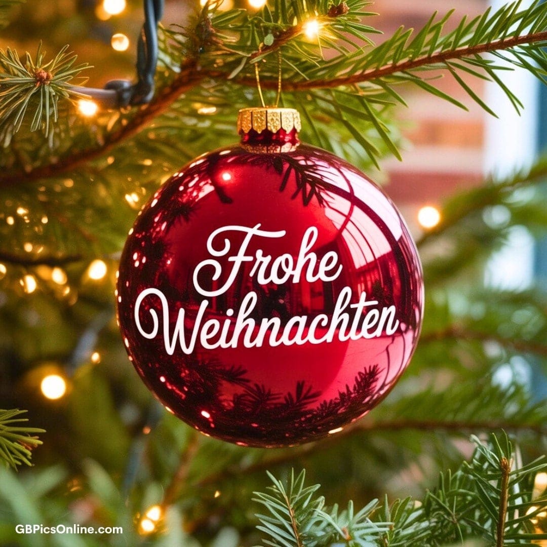 Rote Christbaumkugel mit Aufschrift „Frohe Weihnachten“ hängt im grünen Tannenbaum mit Lichtern