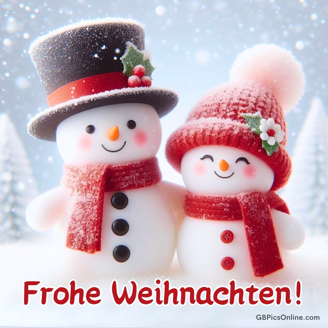 Zwei fröhliche Schneemänner mit Hüten und Schals in einer verschneiten Winterlandschaft