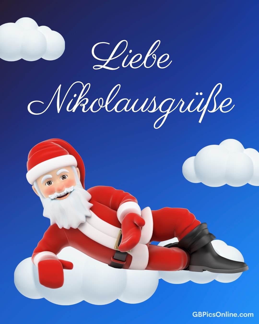 Lächelnder Weihnachtsmann in Rot schwebt auf einer Wolke, umgeben von weiteren Wolken und blauem Himmel