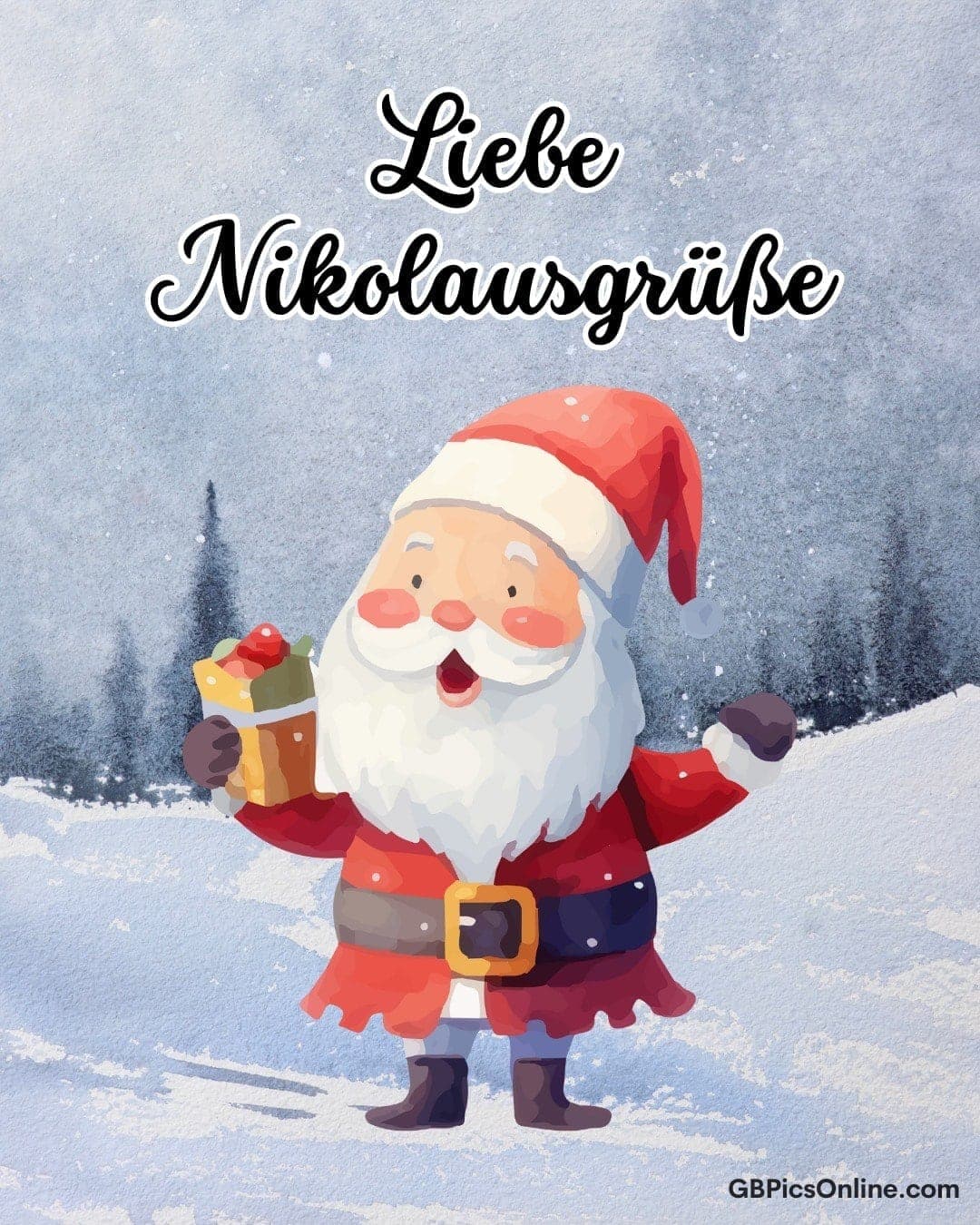 Nikolaus mit Geschenk steht im verschneiten Winterwald