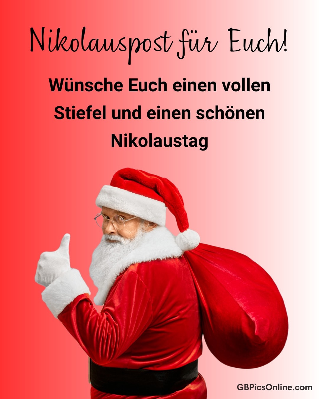 Nikolaus mit rotem Kostüm und Sack winkt lächelnd vor rotem Hintergrund