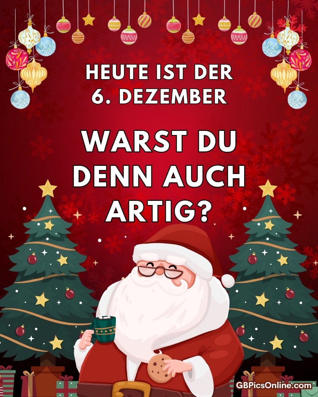 Weihnachtsmann mit Keksen und Tee neben Tannenbaum, fragt: „Warst du artig?“