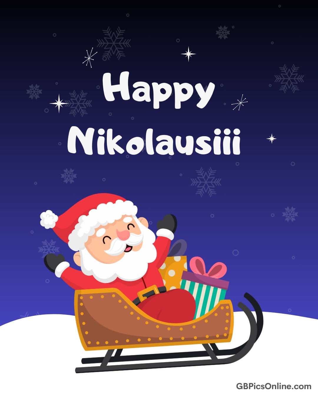 Fröhlicher Nikolaus auf einem Schlitten mit Geschenken, umgeben von Schneeflocken