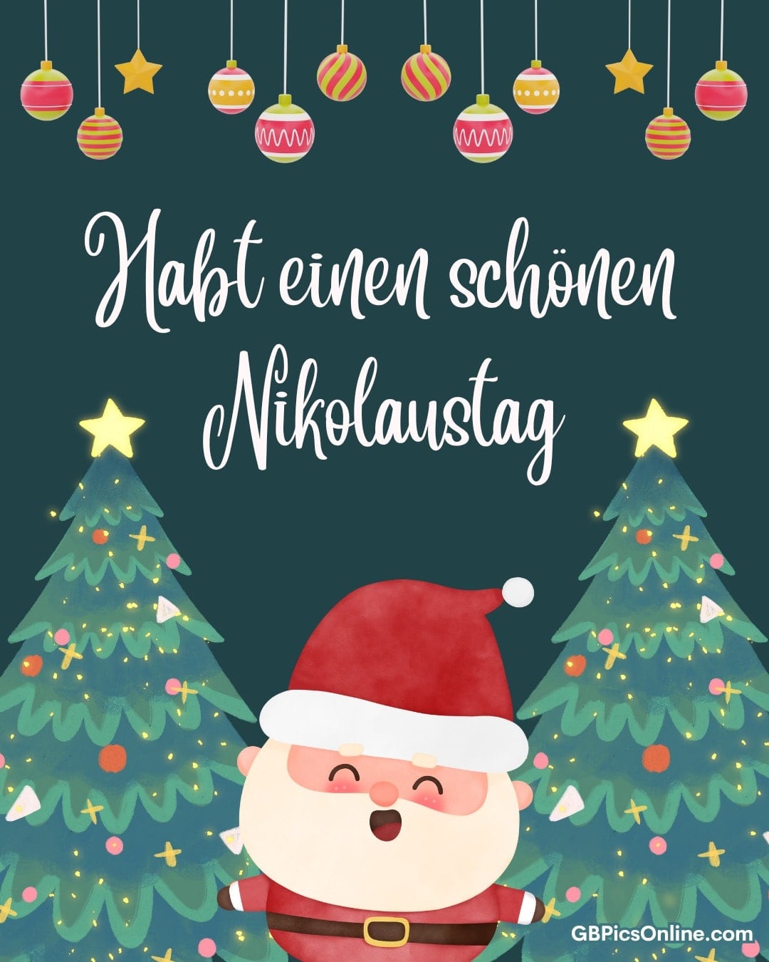 Nikolaus mit Weihnachtsbäumen und schwebenden Kugeln