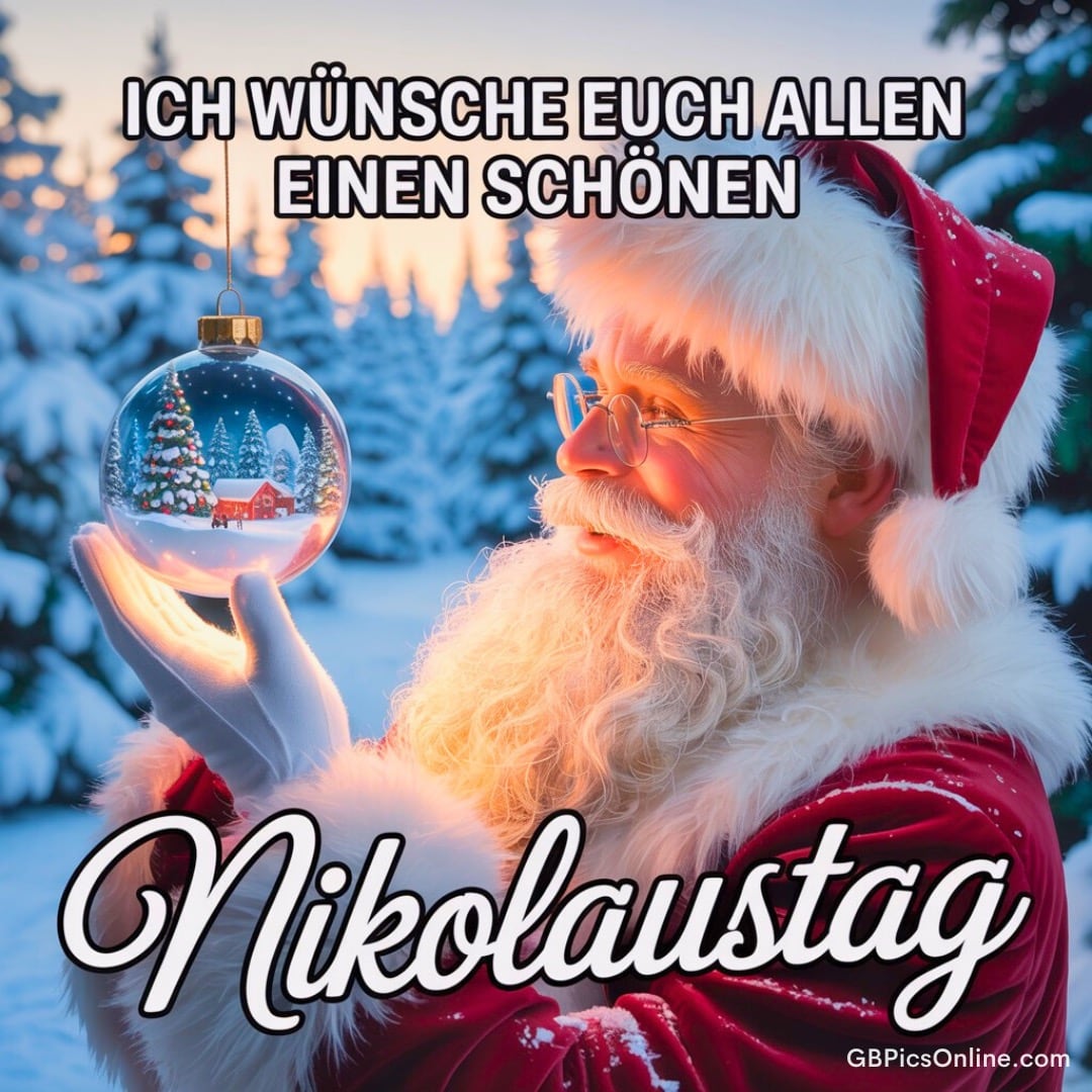 Weihnachtlicher Nikolaus im Schnee hält glitzernde Kugel, Text wünscht allen einen schönen Nikolaustag