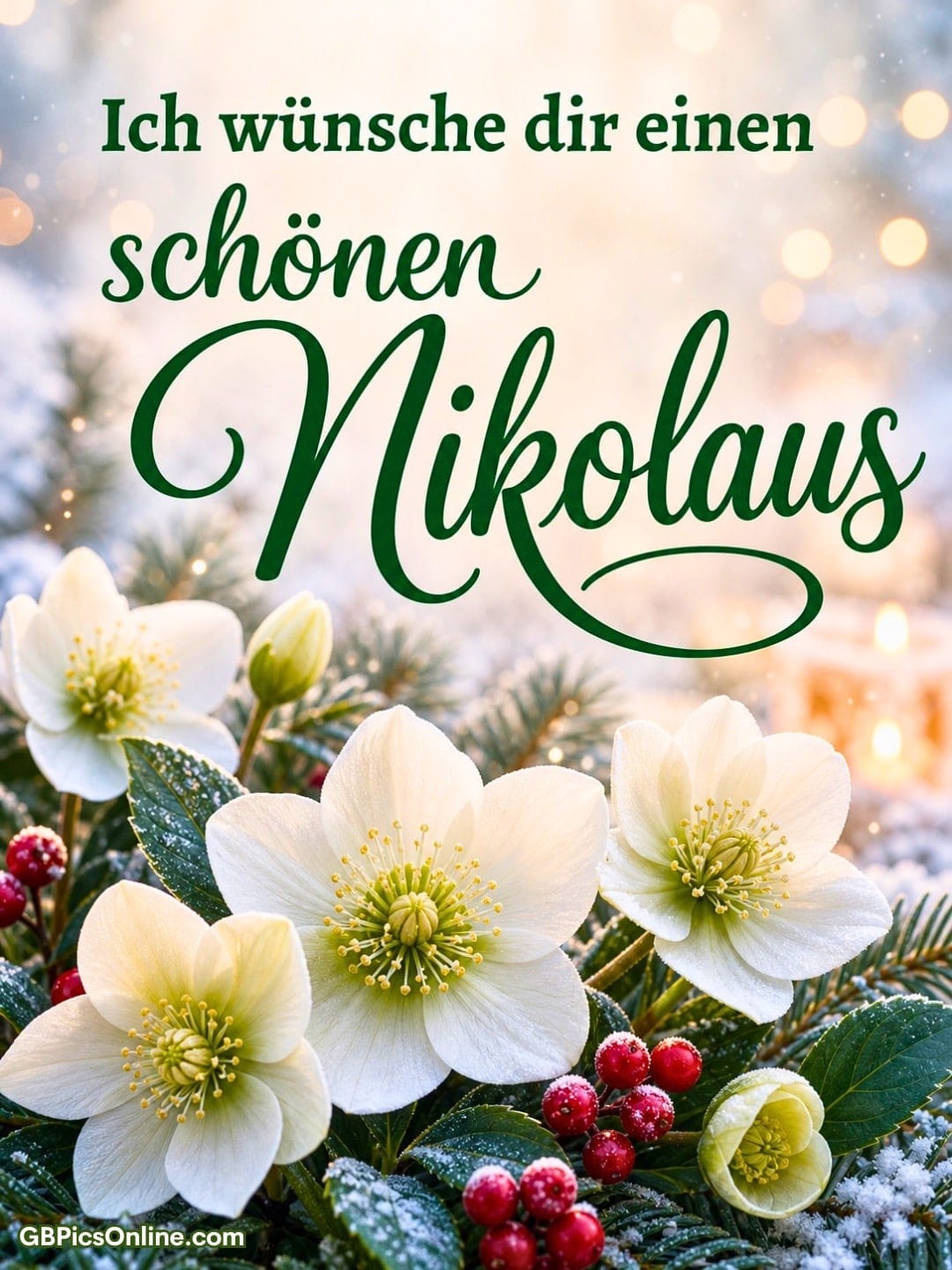 Weihnachtliche Grüße mit weißen Christrosen, Tannenzweigen und roten Beeren vor warmem Lichterhintergrund