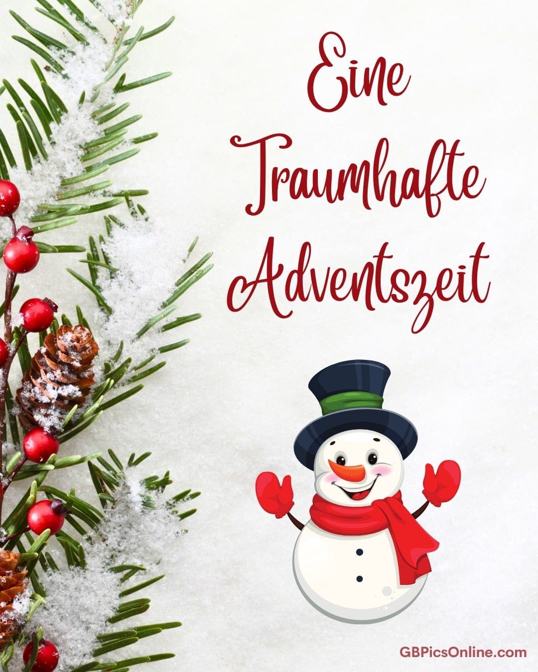 Schneemann mit Zylinder und Schal neben festlichem Tannenzweig