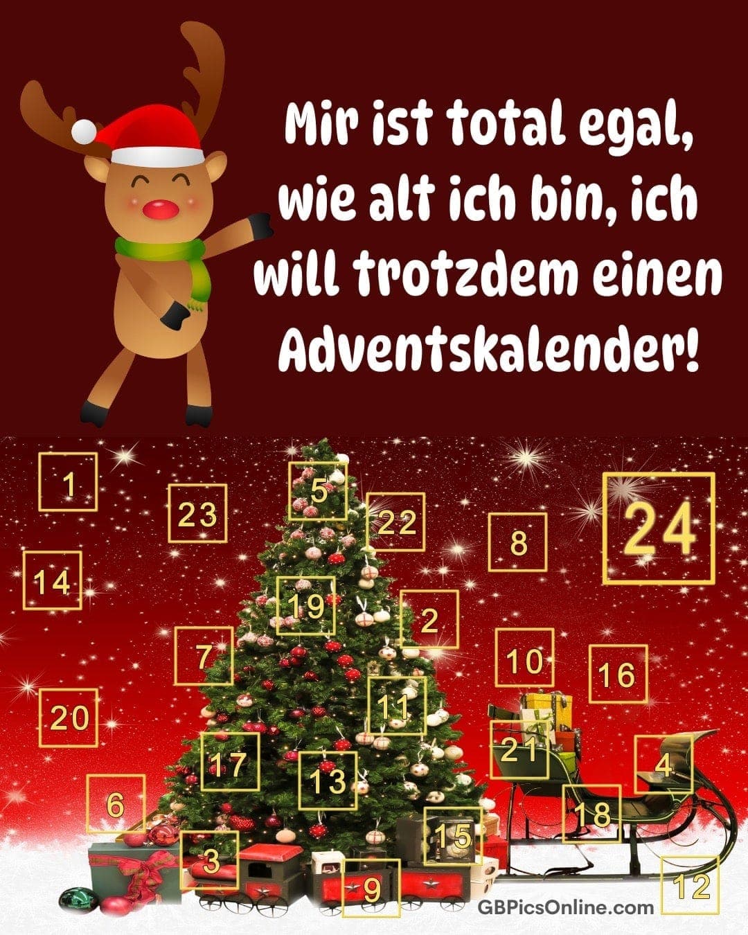 Rentier mit Weihnachtsmütze, großer Tannenbaum und nummerierte Geschenke
