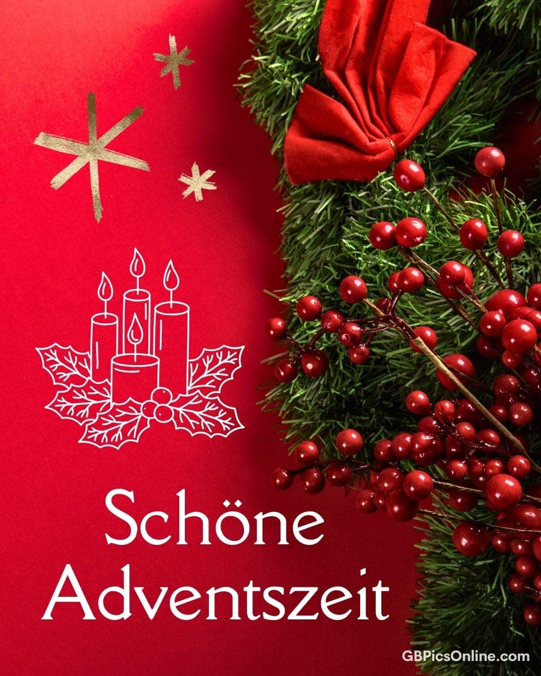 Rote Hintergrund mit Tannenzweigen, Beeren und Schleife; „Schöne Adventszeit“ steht darauf